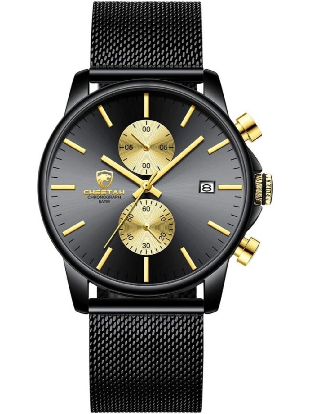 Mens Black Gold Quartz Analog Mesh Strap Stainless Steel Chronograph Round Watch